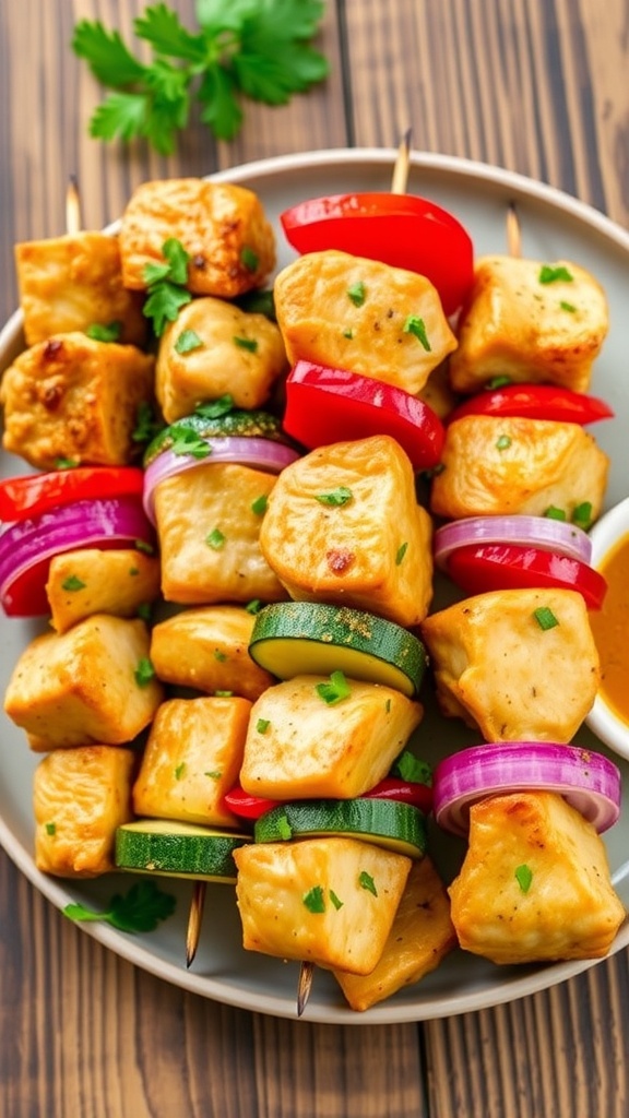Air fryer chicken kabobs with colorful vegetables on a plate, garnished with herbs.